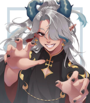 Rule 34 | 1boy, black dress, black eyes, black nails, commentary, dress, earrings, english commentary, fingernails, grey hair, grin, hair over one eye, hands up, highres, horns, inset border, jewelry, kuraedo, long hair, looking at viewer, male focus, nail polish, nose, one eye covered, original, parted bangs, pointy ears, reaching, reaching towards viewer, smile, solo, upper body