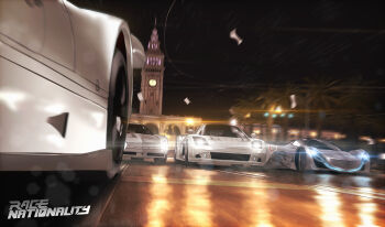 absurdres amoemo blurry bokeh building cadillac cadillac_cien car chrysler chrysler_me_four-twelve clock clock_tower commentary depth_of_field english_commentary english_text flying_paper headlight_beam highres lamppost mazda mazda_furai mercedes-benz mercedes-benz_clk motion_blur motor_vehicle night night_sky no_humans original palm_tree paper reflection road san_francisco san_francisco_ferry_building sky spoiler_(automobile) sports_car star_(sky) street tower tree united_states vehicle_focus