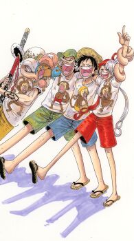 1girl 4boys ^_^ absurdres annoyed bare_legs black_hair breasts casual closed_eyes closed_mouth disgust facial_scar fengcheche grabbing_from_behind grin hair_ribbon happy hat headphones highres holding holding_sword holding_weapon hug index_finger_raised long_nose monkey monkey_d._luffy multicolored_hair multiple_boys one_piece open_mouth print_shirt red_hair ribbon sandals scar scar_on_cheek scar_on_chest scar_on_face shirt short_hair smile smug straw_hat sword tony_tony_chopper trafalgar_law two-tone_hair usopp uta_(one_piece) weapon white_shirt