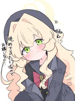 1girl beret black_serafuku black_shirt black_skirt blonde_hair blue_archive blush bow closed_mouth commentary_request green_eyes grey_hat grey_jacket grey_sailor_collar hair_between_eyes hair_intakes halo hat head_tilt highres jacket kujou_karasuma long_hair looking_at_viewer motion_lines off_shoulder open_clothes open_jacket professor_niyaniya_(blue_archive) red_bow sailor_collar school_uniform serafuku shirt simple_background skirt smile solo translation_request very_long_hair watermark white_background