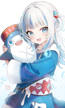 1girl :d absurdres bloop_(gawr_gura) blue_eyes blue_hair blue_hoodie blunt_bangs bubble commentary dreadpunk english_commentary fins fish_tail gawr_gura gawr_gura_(1st_costume) grey_hair hair_ornament highres holding hololive hololive_english hood hoodie long_hair long_sleeves looking_at_viewer multicolored_hair open_mouth shark_girl shark_hair_ornament shark_tail sharp_teeth smile solo streaked_hair tail teeth two_side_up upper_body upper_teeth_only virtual_youtuber wide_sleeves