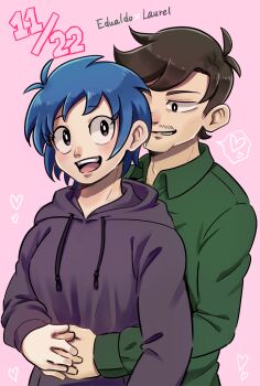 1boy 1girl :d animification antenna_hair arms_around_waist black_eyes blue_hair blush bright_pupils brown_hair collared_shirt commentary_request couple drawstring eddsworld eduardo_(eddsworld) facial_hair green_shirt heart hetero highres hood hood_down hoodie ii_fuufu_no_hi kashimiato laurel_(eddsworld) long_sleeves mustache_stubble open_mouth partial_commentary pink_background purple_eyes purple_hoodie shirt short_hair simple_background smile spoken_heart stubble upper_body white_pupils