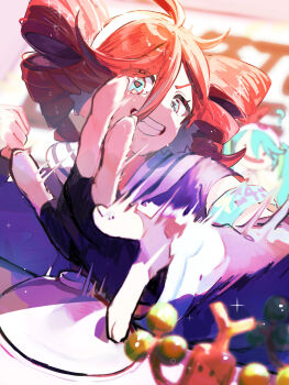 2girls ? ahoge beanie black_gloves black_jacket blue_eyes blue_hair clenched_hand ditto drill_hair facade_question_(vocaloid) fingerless_gloves fukami_suiren gen_1_pokemon gen_2_pokemon gloves grin hair_between_eyes hat hatsune_miku headphones highres jacket kasane_teto long_hair motion_lines multiple_girls nintendo pokemon project_voltage psychic_miku_(project_voltage) push-button red_hair rival_teto_(project_voltage) shirt smile speed_lines sudowoodo symbol-shaped_pupils table triangle-shaped_pupils twin_drills utau vocaloid white_hat white_shirt