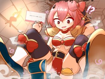 Rule 34 | !?, 1girl, armor, belt, bikini armor, black belt, breasts, cat (nyanko daisensou), cleavage, collarbone, commentary request, fire, giant, giantess, hat, highres, kanna (nyanko daisensou), large breasts, marshmallow (site), midriff, nyanko daisensou, pink hair, red eyes, request inset, ryus66380790, short hair, sitting, spread legs, treasure chest