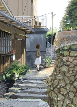 1girl absurdres barred_window cobblestone fern highres looking_to_the_side meanstreet medium_hair original path plant potted_plant road scenery shadow solo stairs street sunlight tree utility_pole window