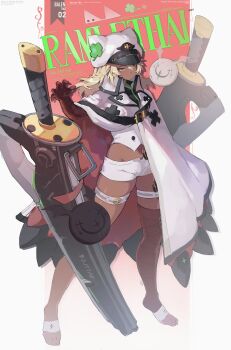 1girl absurdres blonde_hair cloak dark-skinned_female dark_skin denim denim_shorts full_body guilty_gear guilty_gear_strive hat highres medium_hair ramlethal_valentine short_shorts shorts solo sword toa_0908 vest weapon white_cloak white_hat white_shorts white_vest