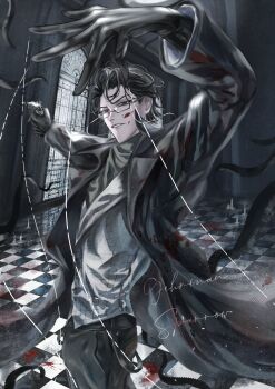 1boy ajsaart arched_window black_eyes black_gloves black_hair black_jacket blood blood_on_clothes blood_on_face blood_on_ground blood_splatter blood_stain character_name cowboy_shot gehrman_sparrow glasses gloves grey_shirt grid_print gun handgun hands_up highres holding holding_gun holding_weapon indoors jacket klein_moretti light_particles looking_at_viewer lord_of_the_mysteries male_focus mullet outstretched_arm puppet_strings shirt sideburns smirk solo tile_floor tiles vest weapon white_vest window