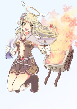 1girl angel_wings belt blonde_hair blush boots bow braid breasts brown_boots brown_dress cape commentary commentary_request corked_bottle creator_(ragnarok_online) detached_wings dress english_commentary erlenmeyer_flask flask full_body fur-trimmed_boots fur_trim gloves grey_background grey_belt grey_cape hair_bow half_up_braid halo highres jumping long_hair medium_breasts navel open_mouth plunging_neckline potion pullcart ragnarok_online short_dress simple_background smile solo squaffle1 strapless strapless_dress traditional_halo vial white_gloves wings yellow_halo