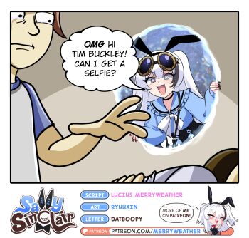 1boy 2girls :d animal_ear_hairband animal_ears artist_name black_choker black_hairband black_nails black_skirt black_streaks blue_eyes blue_shirt border bow bright_pupils character_name choker commentary crossover ctrl+alt+del double-parted_bangs english_commentary english_text fake_animal_ears fang goggles goggles_on_head hair_between_eyes hairband highres long_hair long_sleeves looking_at_another loss_(meme) meme merryweather multicolored_hair multiple_girls open_mouth original portal_(object) rabbit_ear_hairband rabbit_ears ryuuxin sally_sinclair shirt skirt smile speech_bubble streaked_hair talking tearing_up two_side_up white_border white_bow white_hair white_pupils