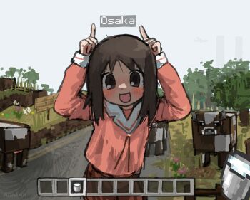 1girl 9/11 alinkun animal azumanga_daioh's_school_uniform azumanga_daiou bad_perspective blush brown_eyes brown_hair character_name cow cowboy_shot day dot_nose heads-up_display herobrine highres horns_pose kasuga_ayumu looking_at_viewer milk minecraft open_mouth outdoors pov red_shirt red_skirt road sailor_collar school_uniform shirt sign skirt solo_focus standing user_interface video_game white_sailor_collar