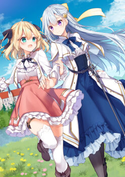 2girls :d absurdres ahoge anisphia_wynn_palettia ankle_strap aqua_eyes ascot asymmetrical_bangs belt belt_buckle black_belt black_boots black_pantyhose black_ribbon blonde_hair blue_bow blue_bowtie blue_hair blue_skirt blue_sky blush boots bow bowtie braid brown_boots buckle building capelet closed_mouth cloud cloudy_sky coat commentary_request cropped_jacket dagger day dutch_angle euphyllia_magenta eye_contact eyes_visible_through_hair floating_hair flower foot_out_of_frame frilled_ascot frilled_skirt frilled_sleeves frills grass hair_behind_ear hair_between_eyes hair_bow hair_ornament hairclip half_updo hand_on_another's_arm hand_up high-waist_skirt high_collar highres holding_another's_arm holding_own_skirt jacket kisaragi_yuri knife large_bow leg_up long_hair long_skirt long_sleeves looking_at_another looking_to_the_side multiple_girls neck_ribbon official_art open_clothes open_coat open_jacket open_mouth outdoors outstretched_arm pantyhose petticoat pink_flower pink_skirt purple_eyes ribbon river scenery shiny_skin shirt shirt_tucked_in shoelaces short_hair side_braid single_braid skindentation skirt sky smile split_mouth striped_coat striped_ribbon tensei_oujo_to_tensai_reijou_no_mahou_kakumei thick_eyelashes thigh_strap thighhighs two_side_up underbust vertical-striped_coat walking water weapon white_ascot white_capelet white_coat white_hair white_jacket white_shirt white_thighhighs yellow_bow yellow_flower zettai_ryouiki