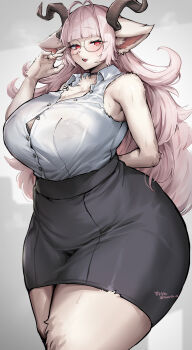 1girl absurdres animal_ear_fluff animal_ears arm_behind_back bare_arms bare_shoulders black_bra black_choker black_horns black_skirt blunt_bangs blush bra bra_peek breasts choker collared_shirt commentary_request curled_horns furry furry_female glasses hand_up highres horns large_breasts long_hair looking_at_viewer original parted_lips red_eyes shirt shirt_tucked_in skirt smile solo suurin_(ksyaro) thighs underwear white_fur white_hair white_shirt wide_hips