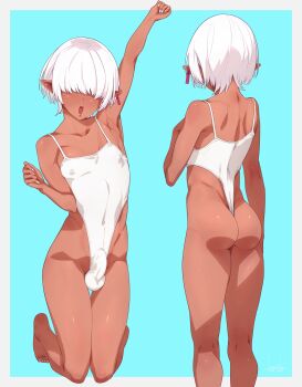 1boy ass barefoot bulge dark-skinned_male dark_skin ear_piercing feet hair_over_eyes highres jewelry kneeling kuroino_(0kuro8ino6) one-piece_swimsuit open_mouth original piercing pointy_ears solo swimsuit teeth thong_one-piece_swimsuit toned toned_male trap upper_teeth_only white_hair white_nails