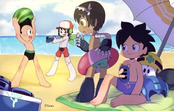 absurdres atom_(tetsuwan_atom) ball beach beachball cloud day doukutsu_monogatari food fruit highres holding holding_ball holding_food holding_fruit holding_watermelon inflatable_toy made_in_abyss male_focus mechanical_arms mega_man_(character) mega_man_(classic) mega_man_(series) multiple_boys non-web_source ocean quote_(cave_story) reg_(made_in_abyss) robot short_hair swimsuit tetsuwan_atom watermelon watermelon_beachball