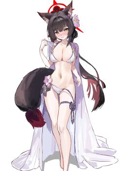 1girl animal_ear_fluff bare_legs barefoot bikini black_hair blue_archive blush breasts cleavage colored_inner_hair flower fox_girl fox_tail grin hair_flower hair_ornament halo haori japanese_clothes large_breasts long_hair looking_at_another low_twintails mal0 multicolored_hair navel official_alternate_costume official_alternate_hairstyle purple_flower purple_haori red_hair red_halo smile solo stomach swimsuit tail twintails two-tone_hair wakamo_(blue_archive) wakamo_(swimsuit)_(blue_archive) white_bikini yellow_eyes