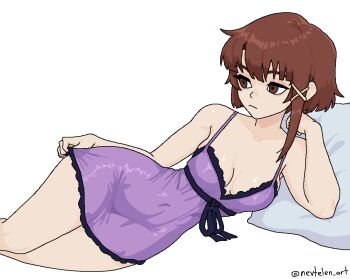 1girl adjusting_clothes black_ribbon blunt_bangs breasts brown_eyes brown_hair cleavage collarbone expressionless hair_ornament iwakura_lain lace-trimmed_nightgown lace_trim light_frown lingerie looking_to_the_side lying negligee nevtelen nightgown no_panties on_side pillow purple_negligee purple_nightgown ribbon serial_experiments_lain short_hair simple_background single_sidelock small_breasts solo twitter_username underwear waist_ribbon watermark white_background x_hair_ornament