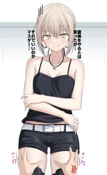 1girl artoria_pendragon_(fate) bare_shoulders black_dress blonde_hair both_hands breasts command_spell cross_(crossryou) dress fate/grand_order fate/stay_night fate_(series) hair_between_eyes heaven's_feel highres legs looking_at_viewer medium_breasts ponytail saber_alter saber_alter_(ver._shinjuku_1999) short_hair simple_background solo takeuchi_takashi_(style) thick_thighs thighs yellow_eyes
