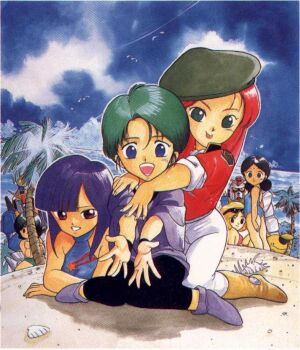 1980s_(style) 1boy 5girls beach bindi black_leggings blue_hair chibi christina_mackenzie four_murasame green_hair gundam gundam_0080 gundam_zz haro kamille_bidan kimura_takahiro lalah_sune leggings mecha multiple_girls oldschool one-piece_swimsuit red_hair retro_artstyle robot roux_louka rx-78-2_gundam sayla_mass shell swimsuit tree zeta_gundam zeta_gundam_(mobile_suit)