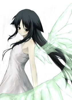 Rule 34 | 1girl, bare arms, bare shoulders, black eyes, black hair, bow, dress, dress bow, flat chest, fzrlq, hair flaps, highres, long hair, looking at viewer, saya (saya no uta), saya no uta, simple background, sleeveless, sleeveless dress, solo, sundress, very long hair, white background, white dress, wings