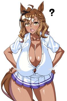 1girl ? ahoge animal_ears braid breasts brown_eyes brown_hair button_gap character_request cleavage crown_braid dark-skinned_female dark_skin earrings gyaru hair_between_eyes hair_ornament hands_on_own_hips horse_ears horse_girl horse_tail huge_breasts jewelry medium_hair open_mouth ringosu33333 sagging_breasts school_uniform shirt skirt solo standing tail thigh_gap tracen_school_uniform umamusume white_background white_shirt white_skirt