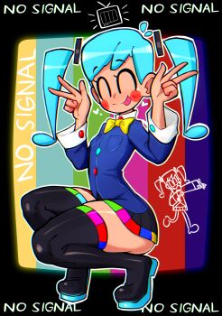 1girl absurdres antenna_hair black_background black_boots black_skirt blue_hair blue_jacket blush blush_stickers boots bow bowtie breast_pocket breasts closed_eyes double_w hair_ornament hatsune_miku heart highres holding holding_microphone jacket long_hair long_sleeves looking_at_viewer microphone multiple_views music open_mouth pocket rukisan(pixiv) singing skirt small_breasts smile squatting static_(vocaloid) television test_card thick_thighs thigh_boots thighs tongue tongue_out twintails vocaloid w walking yellow_bow yellow_bowtie