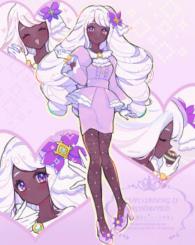 Rule 34 | 1girl, ascot, blush, closed eyes, closed mouth, commentary request, dark-skinned female, dark skin, dress, fascinator, fishnet pantyhose, fishnets, frilled ascot, frills, glove bow, gloves, gold ring, hair ornament, haru (haruxxe), heart, highres, holding, holding poke ball, jacinthe (pokemon), juliet sleeves, long hair, long sleeves, looking at viewer, low drills, luxury ball, mega stone, nintendo, open mouth, pantyhose, poke ball, pokemon, pokemon legends: z-a, puffy sleeves, purple dress, purple eyes, purple hair, smile, very dark skin, watermark, white gloves