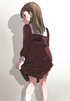 1girl artist_collaboration assassin_(pencilblood76) blush brown_dress clothes_lift colorized commentary_request dress dress_lift from_behind gradient_background grey_background hasu_no_sora_school_uniform highres kachimachi_kosuzu lifting_own_clothes link!_like!_love_live! long_sleeves looking_at_viewer looking_back love_live! medium_dress pleated_dress sailor_collar sailor_dress school_uniform shadow simple_background solo sweatdrop tange_murasaki virtual_youtuber white_sailor_collar winter_uniform