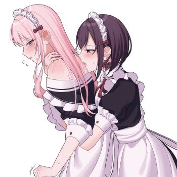 2girls ^^^ akiyama_mizuki apron black_hair blush flying_sweatdrops hand_on_another&#039;s_neck hand_on_another&#039;s_stomach highres hug hug_from_behind licking_another&#039;s_back long_hair maid maid_apron maid_headdress multiple_girls mutu_(25love) off_shoulder pink_eyes pink_hair project_sekai red_ribbon ribbon shinonome_ena short_hair shoulder_blush simple_background trembling white_background yuri