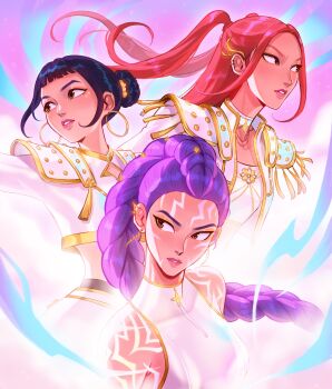 Rule 34 | 3girls, absurdres, black hair, body markings, braid, braided ponytail, chalseu, crop top, double bun, dutch braided ponytail, earrings, eyeshadow, gold eyeshadow, hair bun, highres, hoop earrings, huntrix, jewelry, kpop demon hunters, long braid, makeup, mira (kpop demon hunters), multiple girls, pink hair, purple hair, rumi (kpop demon hunters), short bangs, zoey (kpop demon hunters)