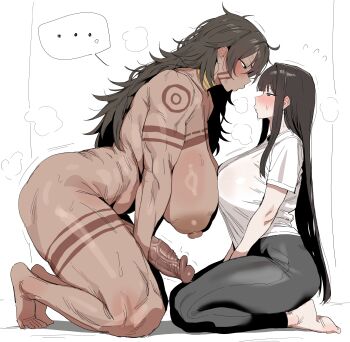 ... 1futa 1girl arm_tattoo asymmetrical_docking barefoot black_leggings blush breast_press breasts clothed_female_nude_female commentary_request completely_nude dark-skinned_female dark_skin erection from_side futa_with_female futanari highres huge_breasts huge_penis kneeling korean_commentary large_areolae large_nipples leg_tattoo leggings long_hair looking_at_another nipples nude original penis precum shirt short_sleeves sitting spoken_ellipsis tattoo uncensored veins veiny_penis white_shirt xipa