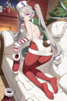 1girl absurdres antlers arm_warmers back backless_sweater bare_shoulders box breasts brick christmas christmas_ornaments christmas_present christmas_tree closed_mouth commentary_request couch fake_tail feet finger_to_mouth fire fireplace from_behind full_body fur-trimmed_arm_warmers fur_arm_warmers fur_hat fur_trim gift gift_box green_scarf grey_hair hair_between_eyes hair_intakes hand_up hat highres holding holding_shoes holding_unworn_clothes hongchajun horns horns_through_headwear index_finger_raised laru_(snowish)_(stella_sora) laru_(stella_sora) legs long_hair looking_at_viewer looking_back night official_alternate_costume on_couch panties panties_over_pantyhose panty_straps pantyhose papakha parted_bangs picture_frame pillow purple_eyes red_pantyhose reindeer_antlers scarf shoes shushing snow snowing socks soles solo star_(symbol) stella_sora striped_arm_warmers sweater tail thighs toes turning_head twintails underwear unworn_shoes unworn_socks very_long_hair white_hat white_socks white_sweater window wooden_floor