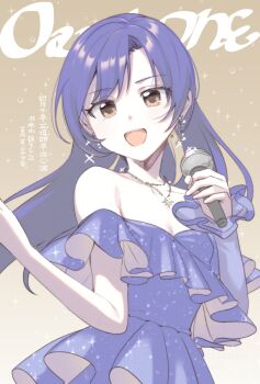 1girl bare_shoulders blue_dress blue_hair breasts brown_eyes commentary_request dress earrings flower frilled_dress frills highres holding holding_microphone idolmaster idolmaster_(classic) jewelry kanoko_y kisaragi_chihaya long_hair looking_at_viewer microphone necklace open_mouth small_breasts solo star_(symbol) star_necklace translation_request upper_body