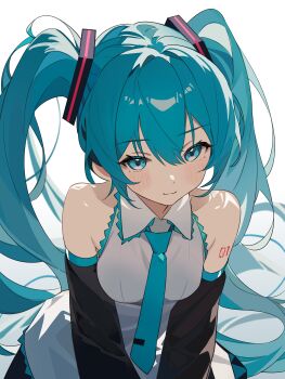 1girl absurdres aqua_eyes aqua_hair aqua_necktie bare_shoulders black_sleeves blush breasts closed_mouth coco_irasuto collared_shirt commentary detached_sleeves grey_background hatsune_miku highres long_hair looking_at_viewer necktie number_tattoo shirt shoulder_tattoo simple_background sleeveless sleeveless_shirt small_breasts smile solo tattoo twintails upper_body very_long_hair vocaloid white_shirt