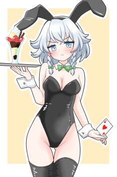 1girl :< ace_(playing_card) ace_of_hearts animal_ear_hairband animal_ears black_hairband black_leotard black_thighhighs blue_eyes blush bow bowtie braid breasts card cleavage closed_mouth commentary_request covered_navel detached_collar fake_animal_ears food green_bow green_bowtie grey_hair hair_bow hairband heart highres holding holding_card holding_tray izayoi_sakuya large_breasts leotard long_hair looking_at_viewer paid_reward_available parfait playboy_bunny playing_card rabbit_ear_hairband rabbit_ears solo strapless strapless_leotard thighhighs touhou tray twin_braids wafer_stick wrist_cuffs zenji029