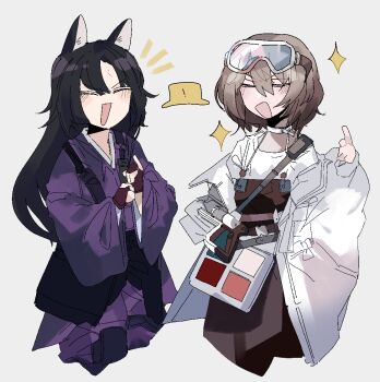 Rule 34 | 2girls, animal ears, apron, arknights, black hair, blush, brown apron, brown gloves, brown hair, choker, closed eyes, coat, commentary, cropped legs, dog ears, dog girl, facial mark, fingerless gloves, forehead mark, gloves, goggles, goggles on head, grey background, holding, japanese clothes, kimono, knee pads, long hair, long sleeves, multiple girls, notice lines, odmised, open clothes, open coat, open mouth, overalls, pants, purple kimono, purple pants, roberta (arknights), saga (arknights), shirt, short hair, simple background, smile, sparkle, speech bubble, white choker, white coat, white shirt
