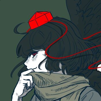 Rule 34 | 1girl, black hair, brown scarf, commentary request, green background, hat, korean commentary, light blush, looking at viewer, lovelobten, pom pom (clothes), red eyes, red hat, scarf, shameimaru aya, short hair, smile, solo, tengu, tokin hat, touhou