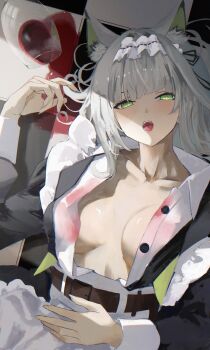 1girl absurdres alcohol animal_ear_fluff animal_ears arknights black_dress breasts cat_ears cat_girl checkered_floor commentary cup dress drinking_glass green_eyes green_hair highres kal&#039;tsit_(arknights) kal&#039;tsit_(the_remains_of_time)_(arknights) large_breasts lying maid maid_headdress official_alternate_costume on_back open_mouth shikyou_yoru short_hair solo teeth upper_teeth_only wine wine_glass