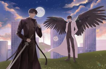 2boys back_hair biyoo_(omniscient_reader&#039;s_viewpoint) black_coat black_hair black_shirt black_wings building cloud cloudy_sky coat collared_shirt demon_horns emosunfish feathered_wings full_body full_moon hands_in_pockets head_tilt highres hill holding holding_sword holding_weapon horns kim_dokja lens_flare looking_at_viewer male_focus moon multiple_boys omniscient_reader&#039;s_viewpoint open_clothes open_coat outdoors popped_collar shirt short_hair sky skyline standing sword weapon white_coat wind wings yoo_joonghyuk