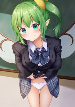 1girl alternate_costume blazer blue_bow blue_bowtie blue_skirt blush bow bow_panties bowtie clothes_lift collared_shirt commentary cowboy_shot daiyousei dress_shirt fairy_wings foreshortening green_eyes green_hair hair_bow highres indoors jacket lifting_own_clothes looking_at_viewer one_side_up panties plaid_bow plaid_bowtie plaid_clothes plaid_skirt pointy_ears school_uniform shirt skirt skirt_lift smile solo suigetsu_(watermoon-910) thigh_gap touhou underwear white_panties white_shirt wings yellow_bow