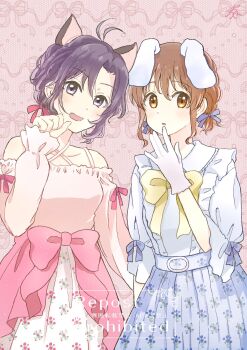 2girls :o animal_ears antenna_hair aoaoaoaoiao belt black_eyes black_hair blue_dress blue_ribbon bow bowtie braid brown_eyes brown_hair cat_ears crown_braid dot_nose dress eyelashes fang floral_print gloves hagiwara_yukiho hair_ribbon highres idolmaster idolmaster_(classic) idolmaster_million_live! idolmaster_million_live!_theater_days kikuchi_makoto light_blush long_sleeves lop_rabbit_ears multiple_girls parted_bangs pink_background pink_dress pink_ribbon puffy_long_sleeves puffy_sleeves rabbit_ears ribbon short_hair short_twintails sleeves_past_wrists smile twintails watermark wavy_ends white_gloves yellow_bow yellow_bowtie