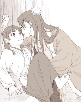 1boy 1girl barefoot beads blunt_bangs bun_cover chara_no7 chinese_clothes commentary_request freckles hair_beads hair_bun hair_ornament hair_ribbon half_updo highres jinshi_(kusuriya_no_hitorigoto) kabedon kusuriya_no_hitorigoto long_hair long_skirt looking_at_another maomao_(kusuriya_no_hitorigoto) parted_bangs ribbon robe sepia shirt skirt twintails white_shirt