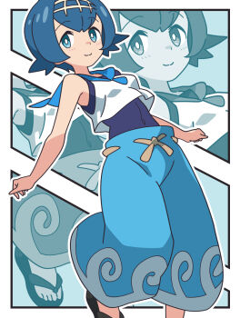1girl baggy_pants blue_eyes blue_hair blue_pants blue_sailor_collar capri_pants commentary_request crop_top highres kanbei_(pixiv11037490) lana_(pokemon) looking_to_the_side nintendo pants pokemon pokemon_sun_and_moon sailor_collar sandals shirt short_hair sleeveless smile solo white_shirt zoom_layer