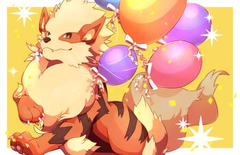 Rule 34 | :3, animal focus, arcanine, balloon, blurry, border, bow, bright pupils, brown eyes, claws, closed mouth, depth of field, fang, fang out, fluffy, gen 1 pokemon, happy, highres, kechon-san, looking at viewer, mouth hold, neck fur, nintendo, no humans, outside border, pawpads, pokemon, pokemon (creature), simple background, smile, solo, sparkle, string, white border, white bow, white pupils, yellow background