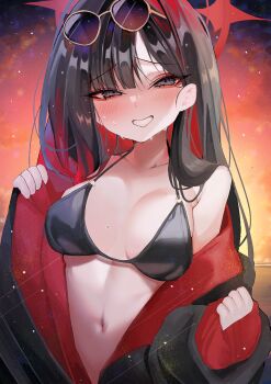 1girl :d bikini black_bikini black_hair black_jacket blue_archive blush breasts collarbone commentary_request eyewear_on_head hair_between_eyes half-closed_eyes halo highres ichigo_moka ichika_(blue_archive) ichika_(swimsuit)_(blue_archive) jacket long_sleeves medium_breasts navel official_alternate_costume open_clothes open_jacket open_mouth red_halo red_jacket sky smile solo straight_hair sunset sweatdrop swimsuit teeth tinted_eyewear two-sided_fabric two-sided_jacket