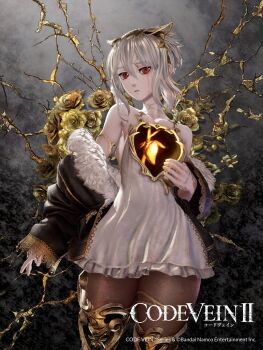 1girl 3d absurdres bare_shoulders code_vein code_vein_ii commentary_request dress expressionless flower grey_hair hairband heart_(organ) highres hole_in_chest hole_on_body looking_at_viewer lou_(code_vein) official_art pantyhose parted_lips red_eyes rose short_hair solo tears