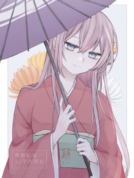 1girl blue_eyes chii1113 commentary enbizaka_no_shitateya_(vocaloid) evillious_nendaiki flower hair_flower hair_ornament half-closed_eyes highres holding holding_umbrella japanese_clothes kimono long_hair long_sleeves looking_at_viewer megurine_luka nail_polish obi oil-paper_umbrella pink_hair sash smile solo sudou_kayo umbrella upper_body watermark