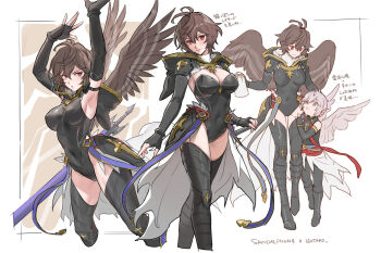 1boy 1girl age_difference aged_down ahoge armor armpits belt black_thighhighs blue_belt blue_eyes boots breasts brown_hair brown_wings cape cleavage cleavage_cutout clothing_cutout coffee_pot commentary commentary_request covered_navel english_text feathered_wings fingerless_gloves full_body genderswap genderswap_(mtf) gloves granblue_fantasy hair_between_eyes highres hood hood_down jewelry large_breasts leotard light_smile lucifer_(shingeki_no_bahamut) multiple_views onee-shota parted_lips red_eyes sandalphon_(granblue_fantasy) short_hair sideboob sword tekki_(tki) thigh_boots thighhighs translation_request turtleneck weapon white_background white_cape white_hair white_wings wings