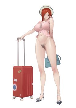 1girl absurdres artist_name bag bare_arms bottomless breasts brown_eyes crop_top female_pubic_hair full_body fushe handbag hat high_heels highres impossible_clothes impossible_shirt large_breasts long_hair looking_at_viewer luggage navel original pink_shirt pubic_hair red_hair ribbon rolling_suitcase shirt simple_background sleeveless sleeveless_shirt smile solo standing stomach strappy_heels suitcase tattoo white_background white_hat