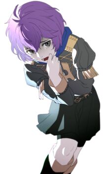 1girl absurdres bernadetta_von_varley black_eyes black_shorts black_skirt fire_emblem fire_emblem:_three_houses garreg_mach_monastery_uniform grey_eyes hair_between_eyes highres hood hood_down kwajia3 long_sleeves nintendo open_mouth partially_shaded_face purple_hair short_hair shorts shorts_under_skirt simple_background skirt solo white_background