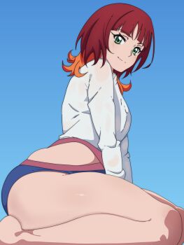 1girl absurdres alternate_costume blue_background blue_one-piece_swimsuit brown_hair clothing_cutout commentary daniel_uribe digimon digimon_beatbreak gradient_background green_eyes highres hip_vent light_smile long_sleeves looking_at_viewer multicolored_hair multicolored_one-piece_swimsuit official_alternate_costume one-piece_swimsuit orange_hair red_one-piece_swimsuit sakuya_reina seiza short_hair simple_background sitting swimsuit thick_thighs thighs two-tone_hair white_one-piece_swimsuit